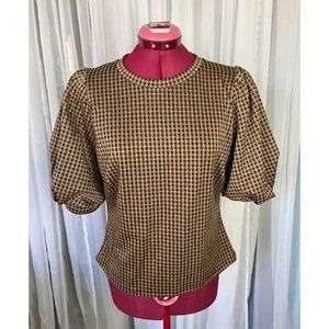 Iris knit top checked metallic copper black puff sleeves